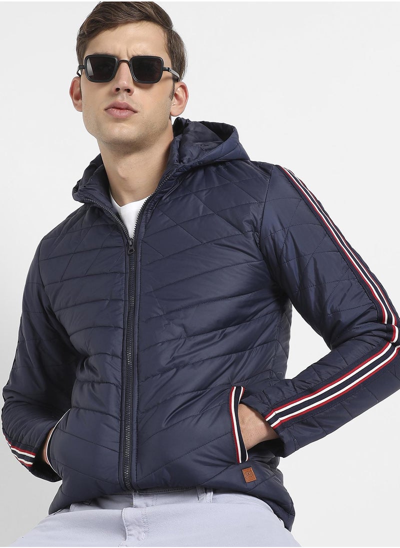 Men's Dark Blue Quilted Puffer Jacket With Contrast Striped Sleeve