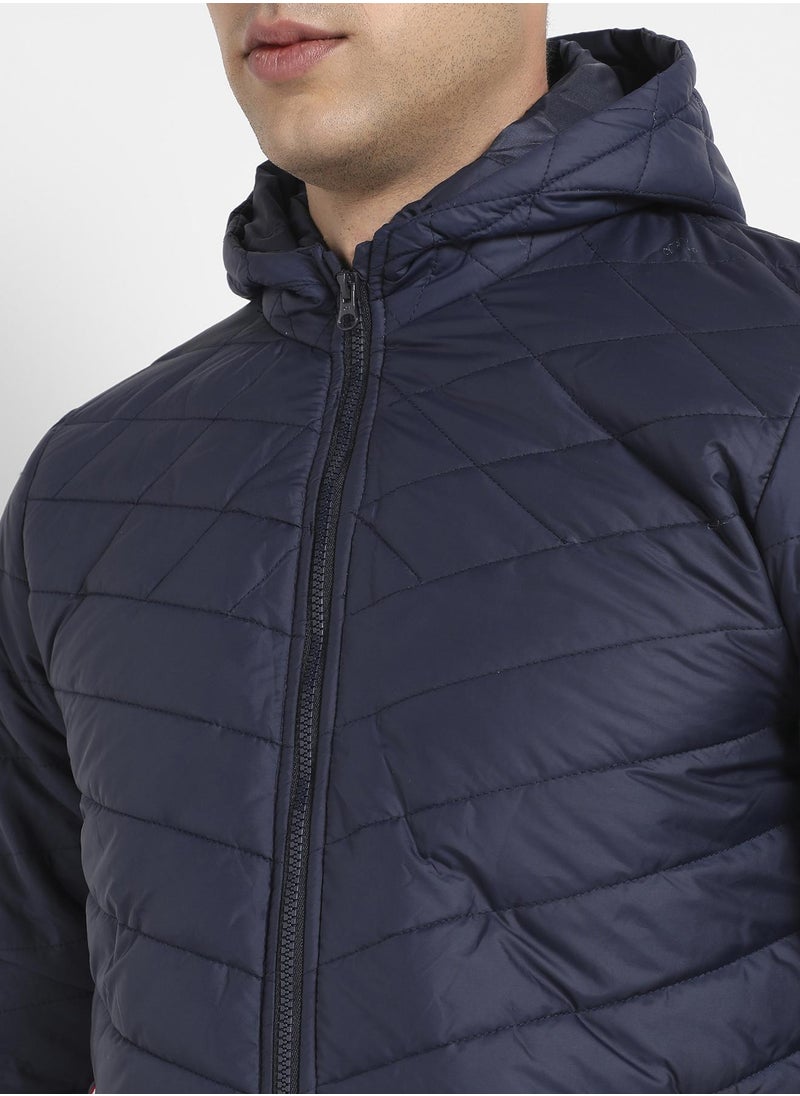 Men's Dark Blue Quilted Puffer Jacket With Contrast Striped Sleeve