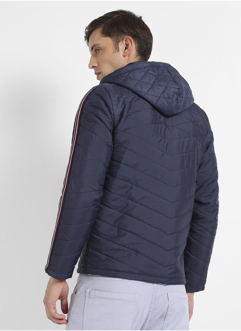 Men's Dark Blue Quilted Puffer Jacket With Contrast Striped Sleeve