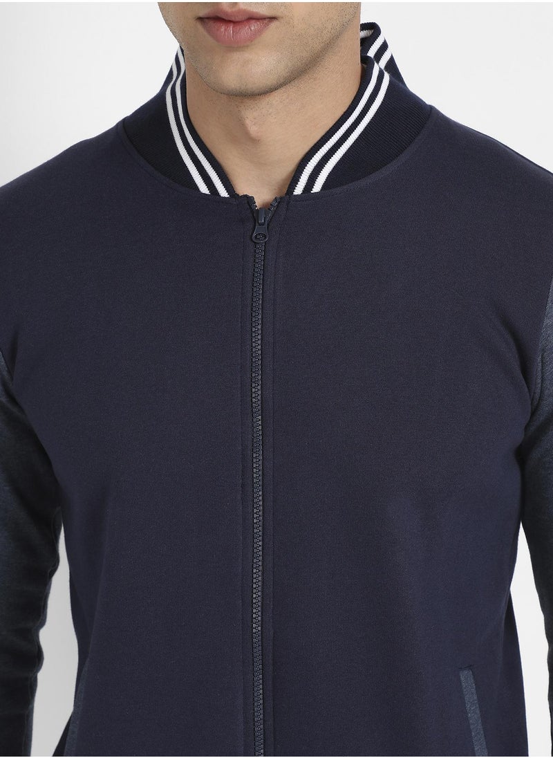 Men's Navy Blue Zip-Front Jacket With Contrast Striped Hem