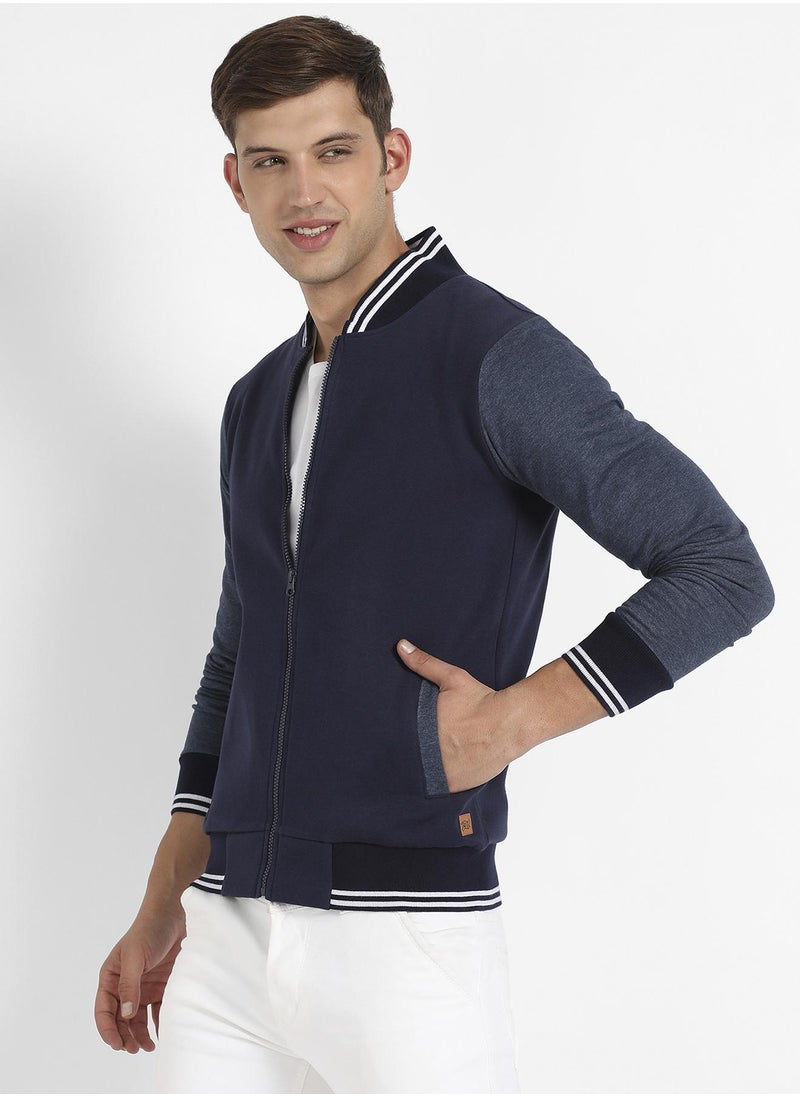 Men's Navy Blue Zip-Front Jacket With Contrast Striped Hem