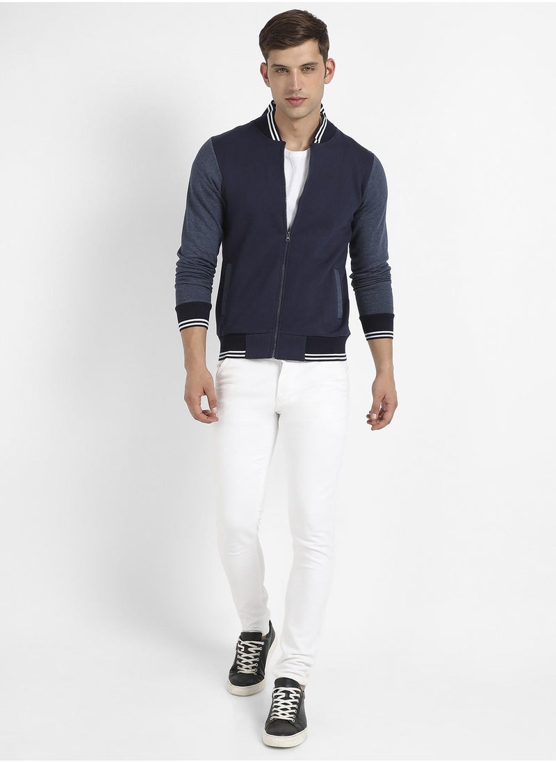 Men's Navy Blue Zip-Front Jacket With Contrast Striped Hem