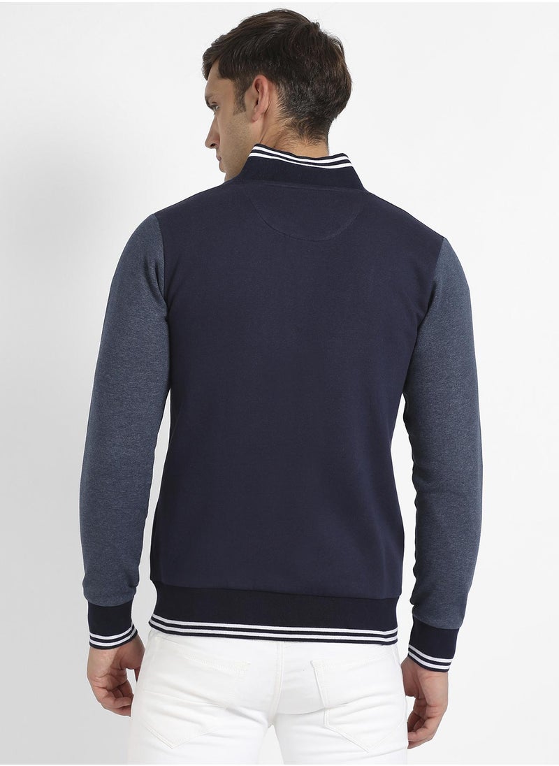 Men's Navy Blue Zip-Front Jacket With Contrast Striped Hem