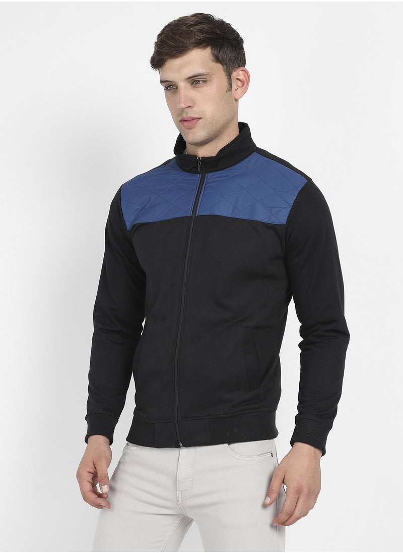 Men's Black & Blue Zip-Front Jacket With Contrast Detail