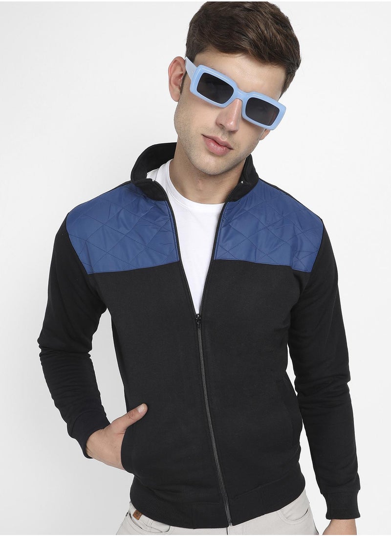 Men's Black & Blue Zip-Front Jacket With Contrast Detail