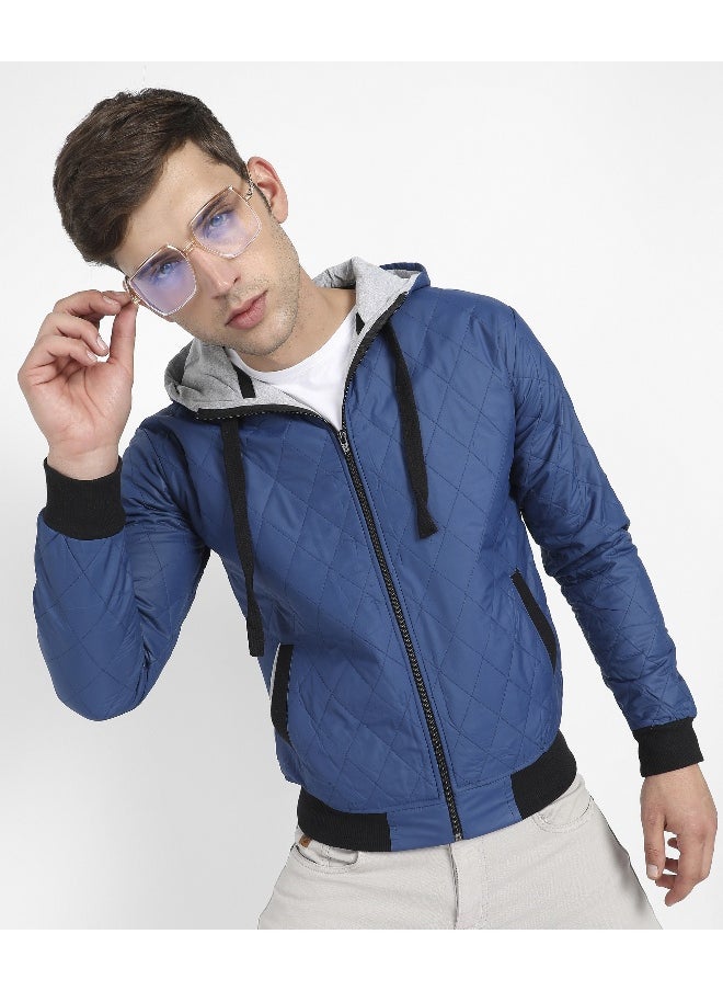 Men's Blue Quilted Puffer Jacket With Zip-Closure