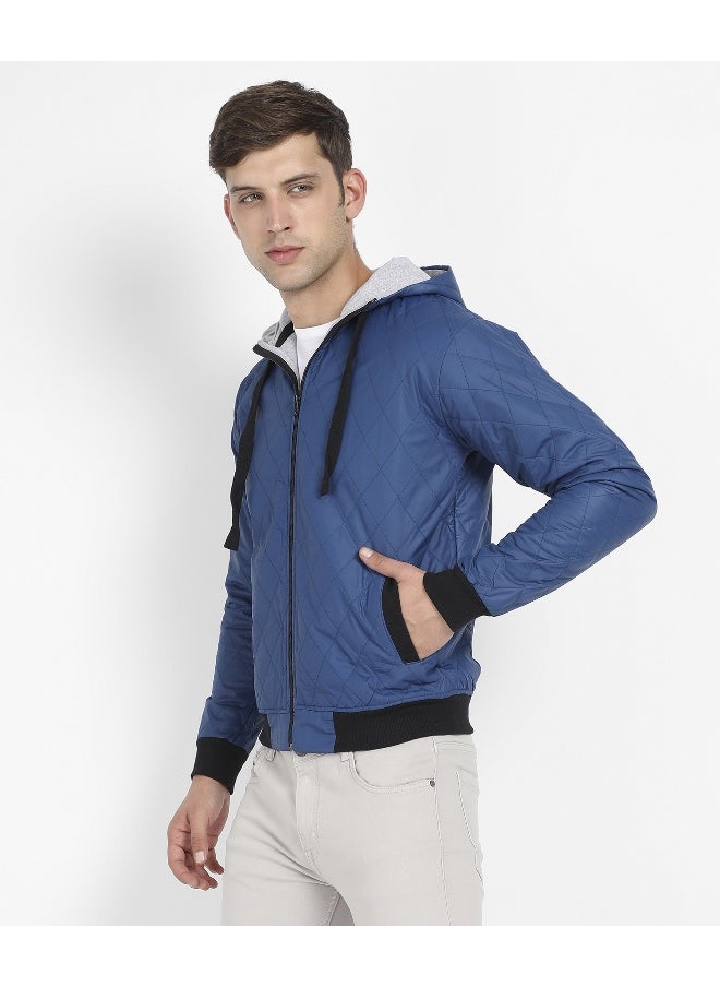 Men's Blue Quilted Puffer Jacket With Zip-Closure