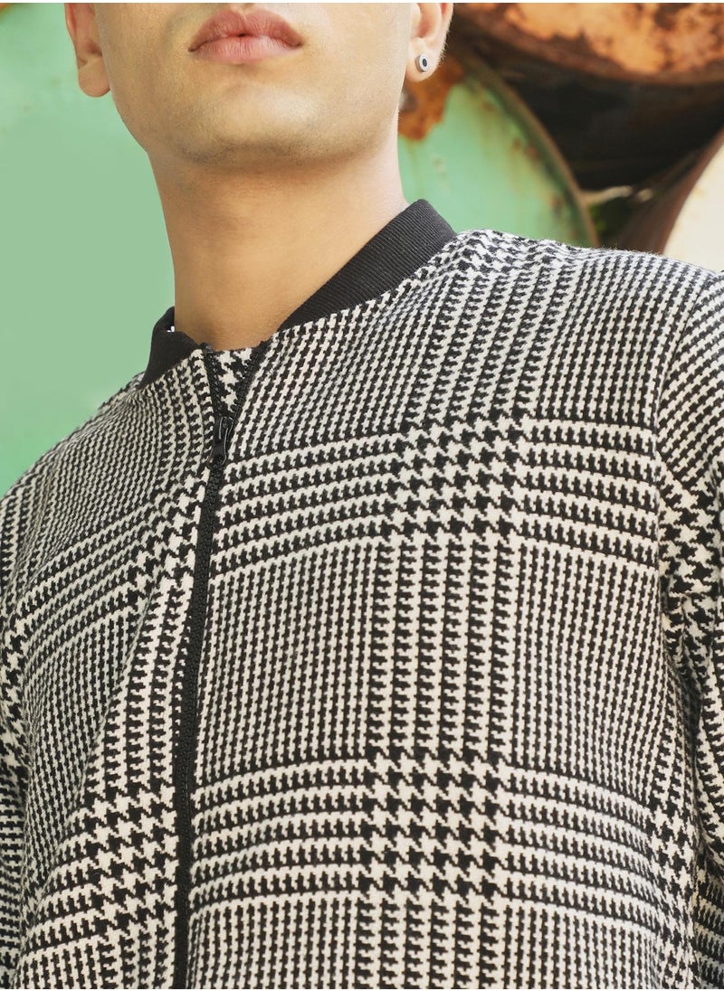 Men's Black & White Zip-Front Houndstooth Jacket