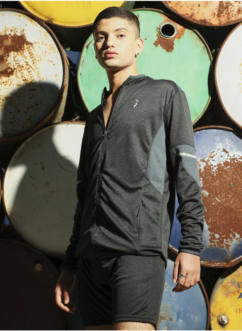 Men's Black Heathered Activewear Jacket With Contrast Detail