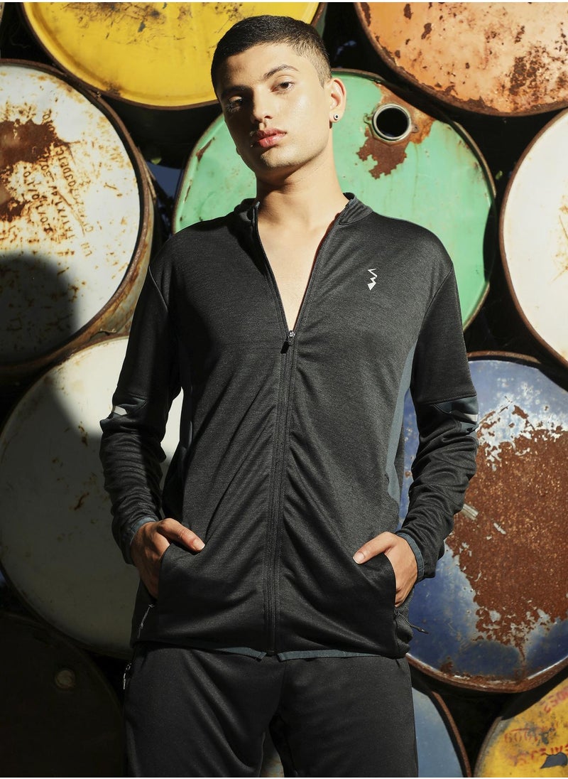 Men's Black Heathered Activewear Jacket With Contrast Detail