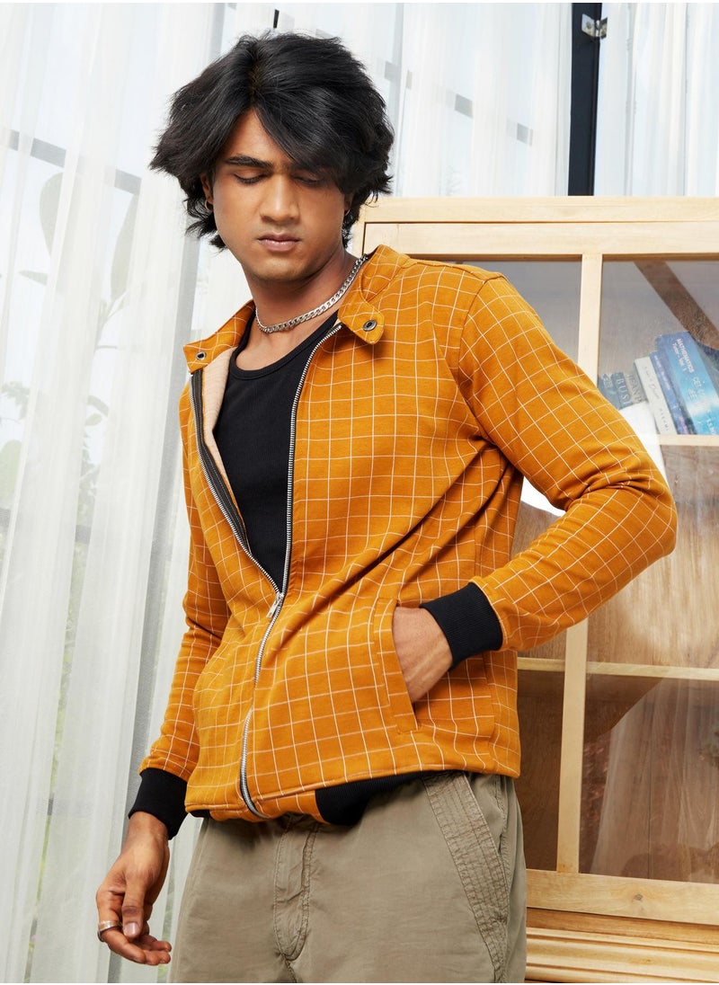 Men's Mustard Yellow Graph Checks Jacket With Contrast Hem