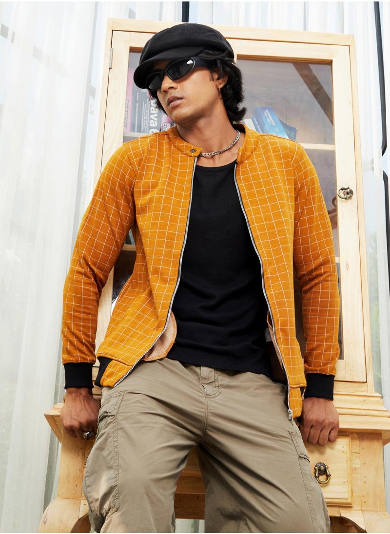 Men's Mustard Yellow Graph Checks Jacket With Contrast Hem