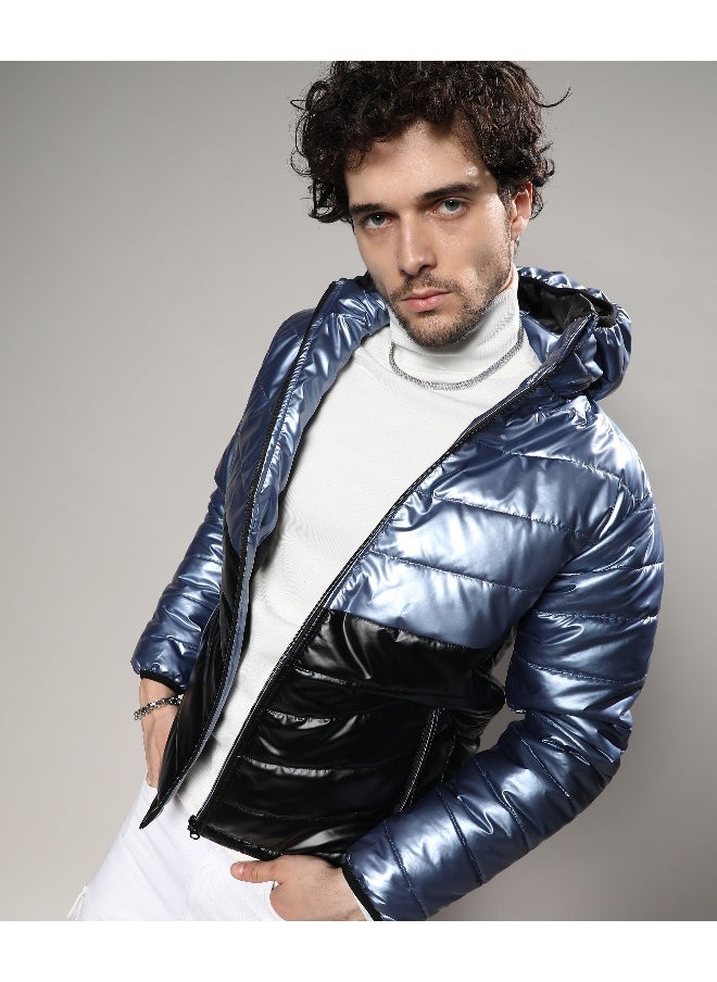 Men's Electric Blue & Carbon Black Metallic Quilted Puffer Jacket