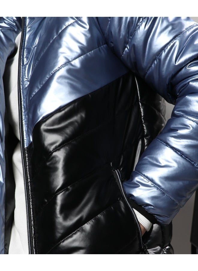 Men's Electric Blue & Carbon Black Metallic Quilted Puffer Jacket