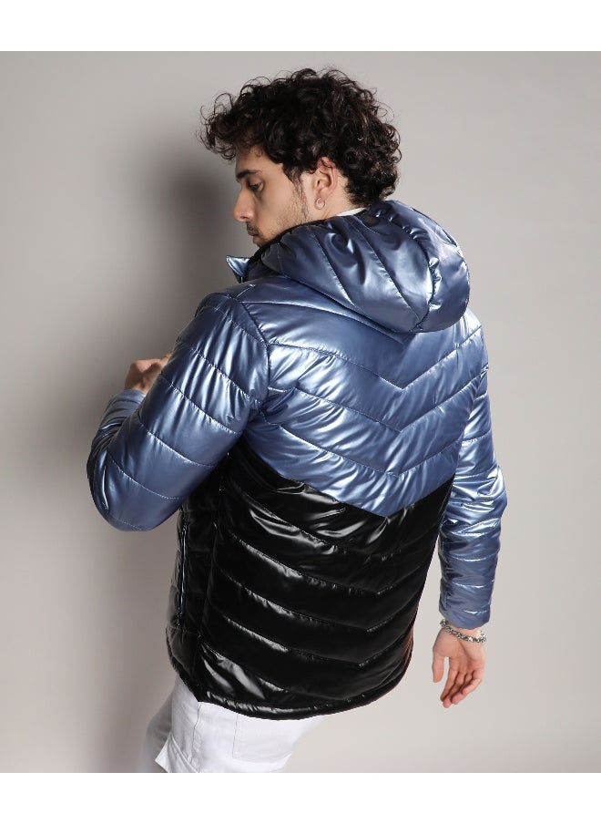 Men's Electric Blue & Carbon Black Metallic Quilted Puffer Jacket