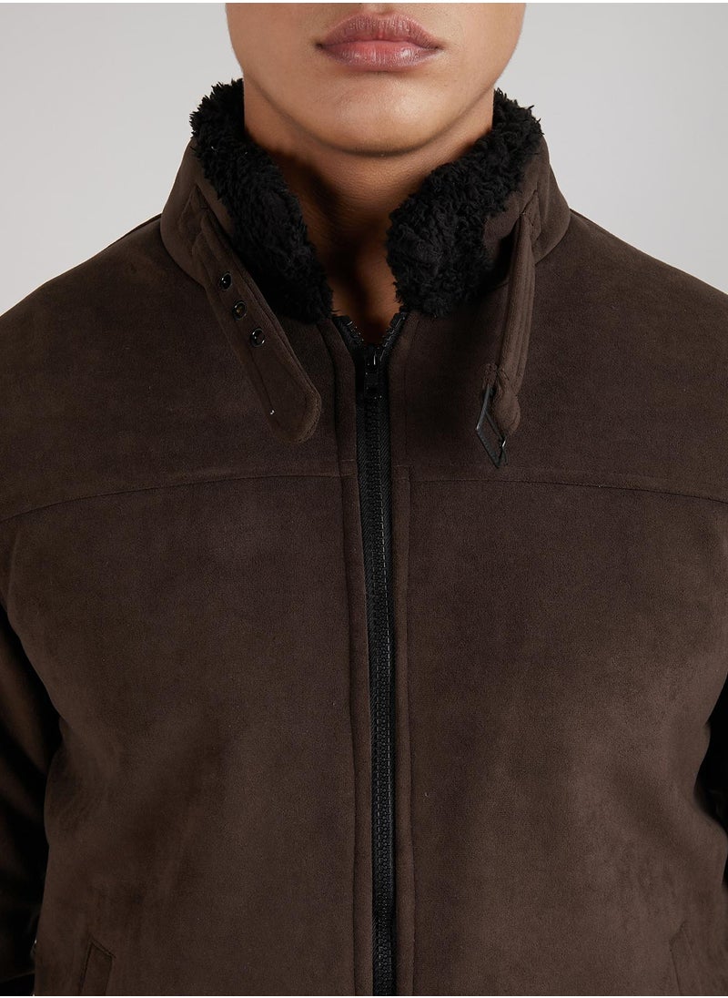 Men's Brown Zip-Front Jacket With Fleece Detail