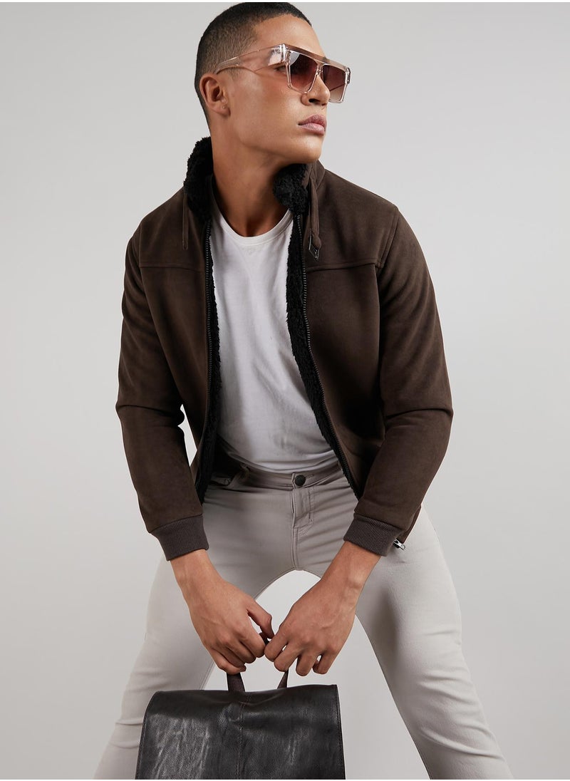 Men's Brown Zip-Front Jacket With Fleece Detail