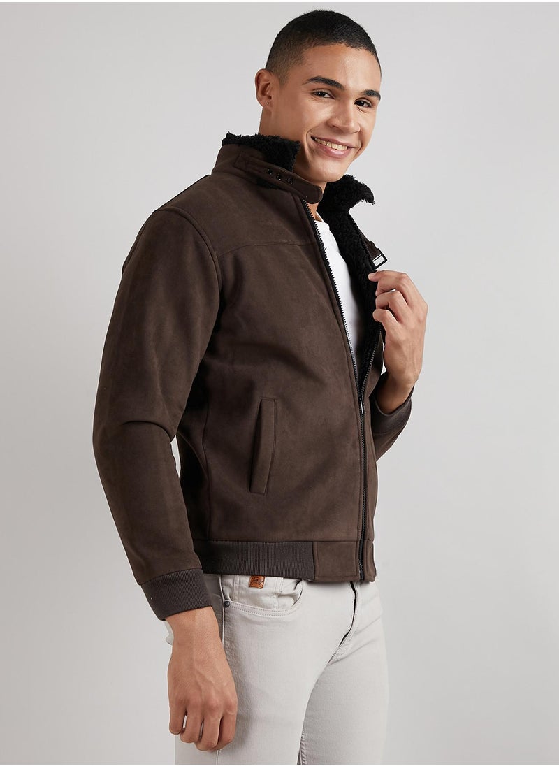 Men's Brown Zip-Front Jacket With Fleece Detail