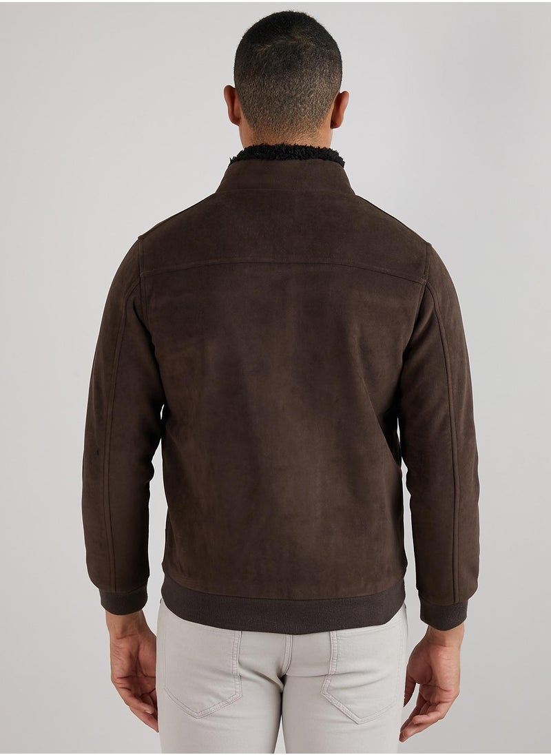 Men's Brown Zip-Front Jacket With Fleece Detail