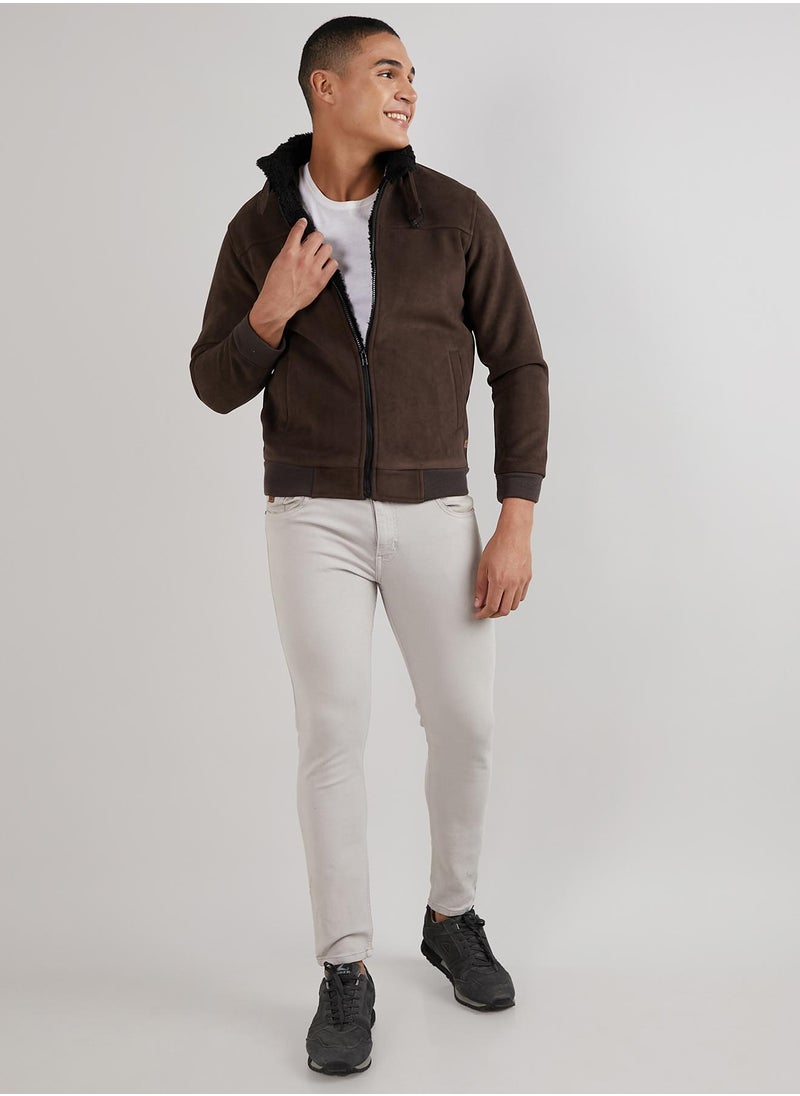 Men's Brown Zip-Front Jacket With Fleece Detail