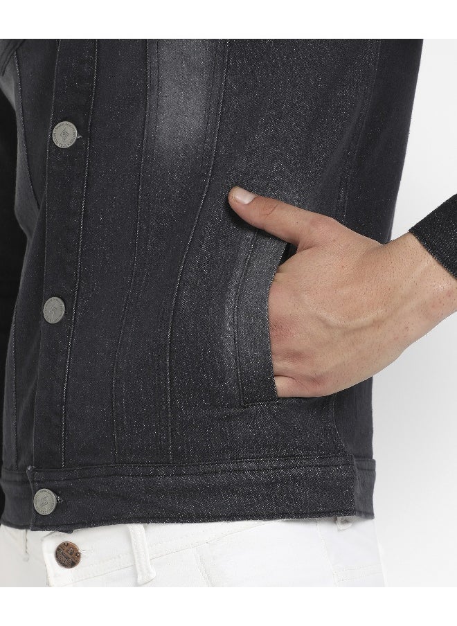 Men's Black Dark-Wash Denim Jacket With Flap Pocket