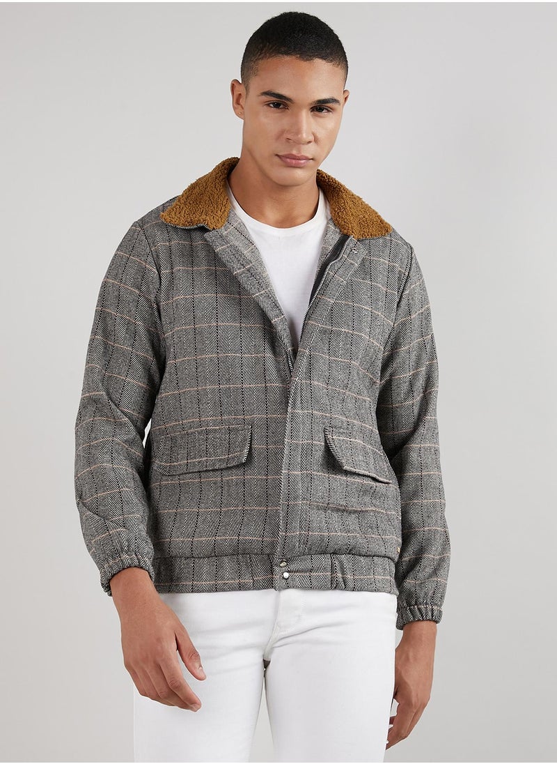 Men's Grey Tartan Plaid Jacket With Fleece Collar