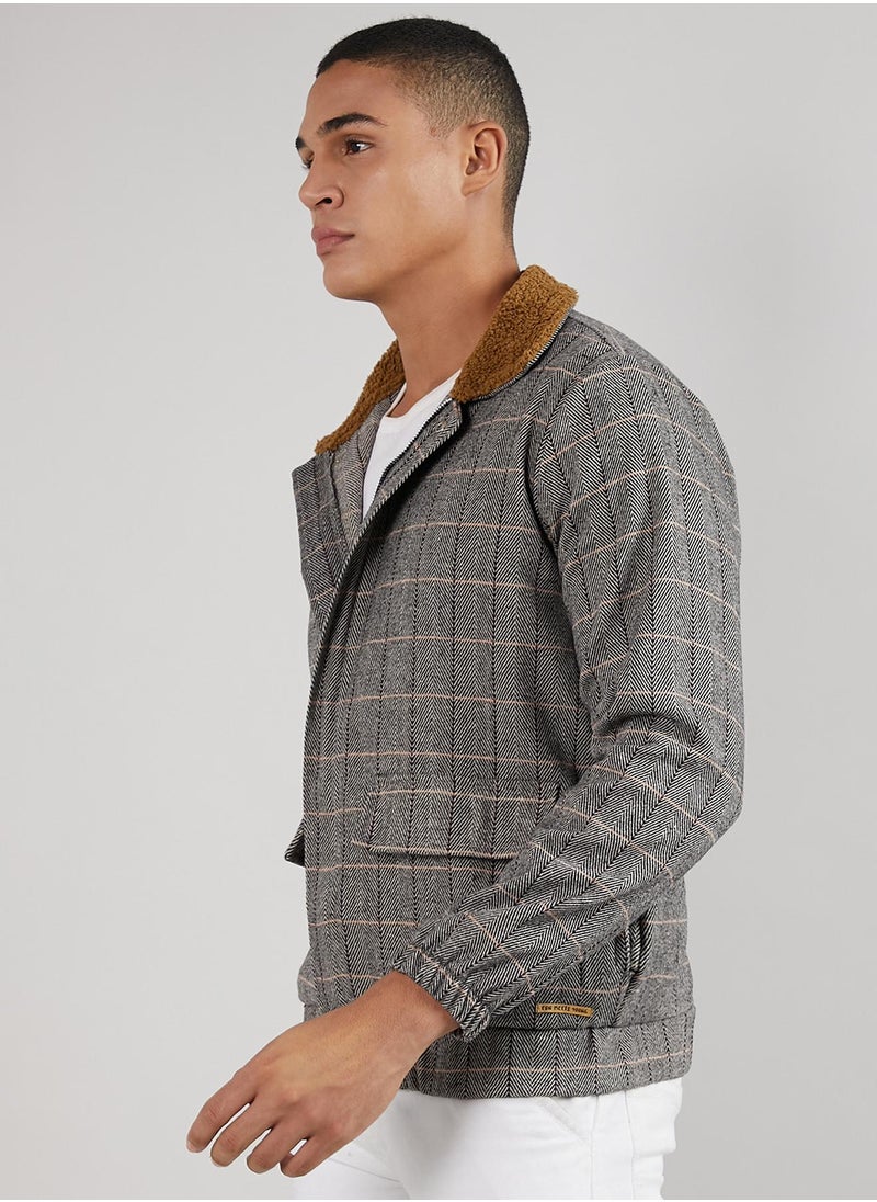 Men's Grey Tartan Plaid Jacket With Fleece Collar