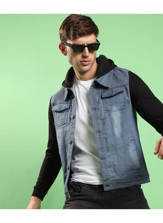 Men's Blue & Black Light-Wash Denim Jacket With Sweatshirt Sleeve