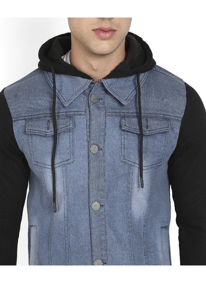 Men's Blue & Black Light-Wash Denim Jacket With Sweatshirt Sleeve