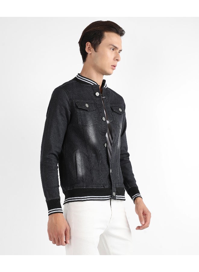 Men's Black Button-Front Denim Jacket With Contrast Striped Hem