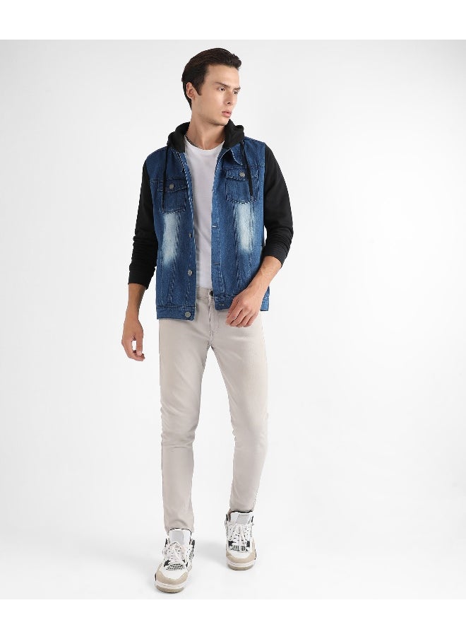 Men's Black & Blue Medium-Wash Denim Jacket With Sweatshirt Sleeve