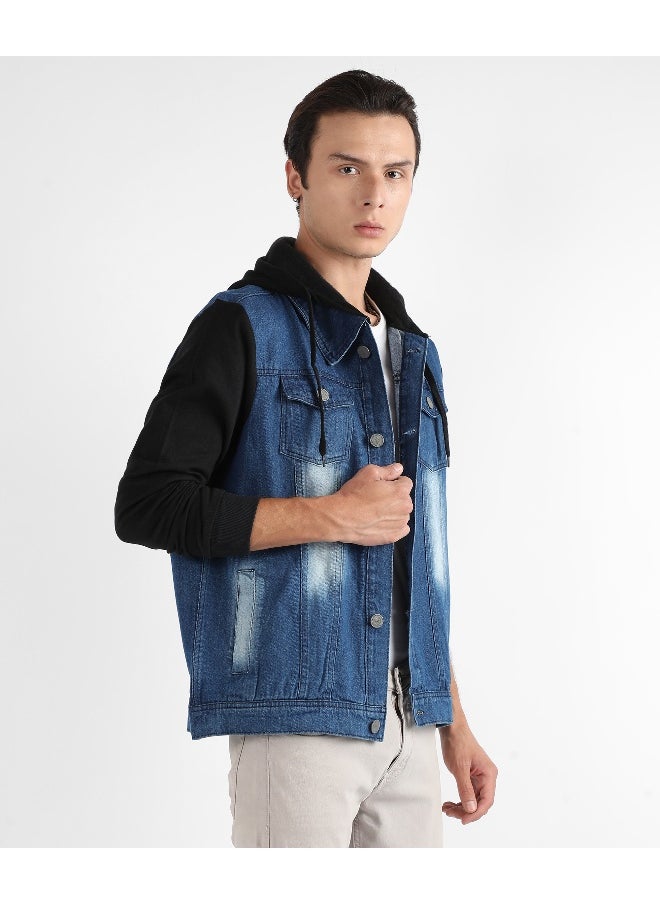 Men's Black & Blue Medium-Wash Denim Jacket With Sweatshirt Sleeve