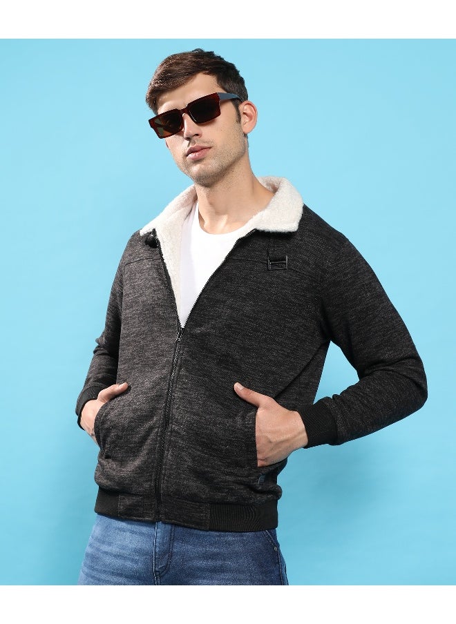 Men's Charcoal Grey Heathered Jacket With Fleece Detail