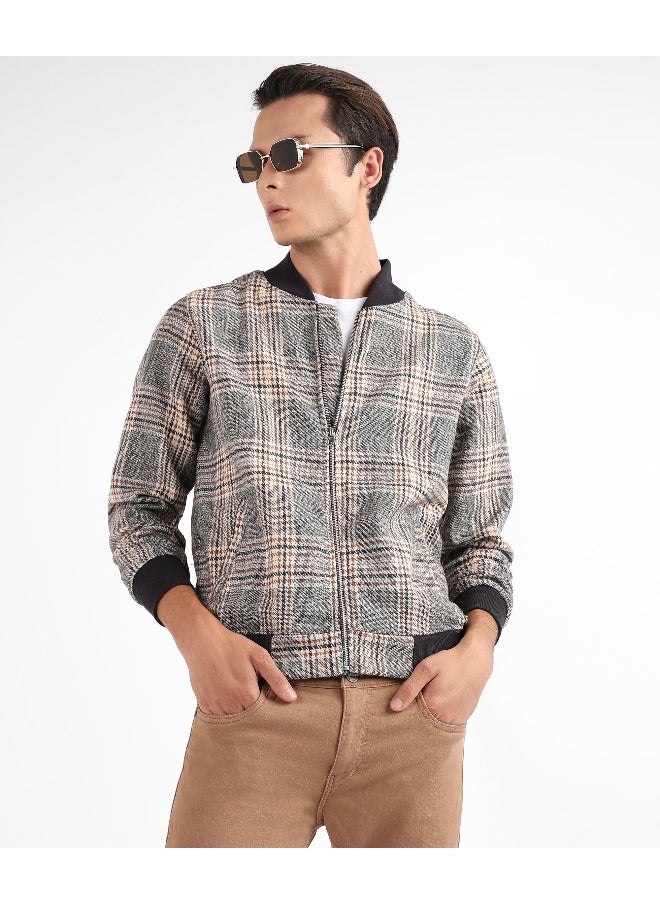 Men's Grey Tartan Plaid Jacket With Ribbed Hem