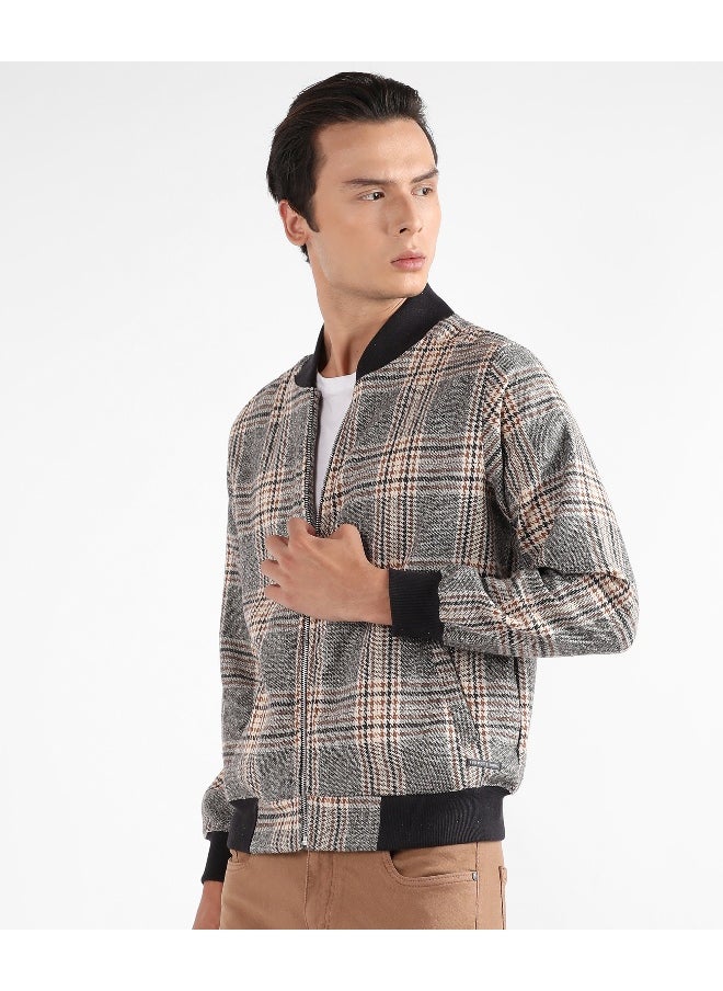 Men's Grey Tartan Plaid Jacket With Ribbed Hem