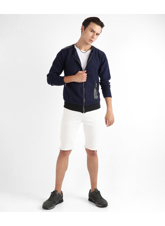 Men's Navy Blue Zip-Front Jacket With Ribbed Hem