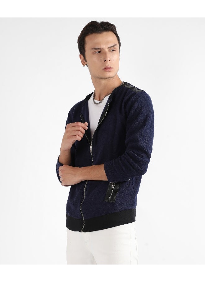 Men's Navy Blue Zip-Front Jacket With Ribbed Hem