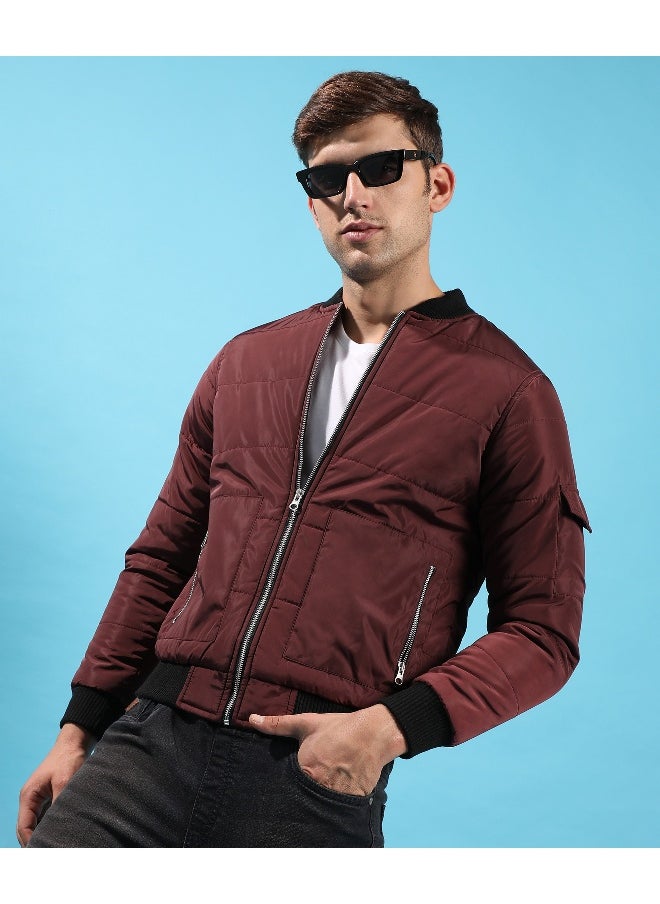 Men's Maroon Puffer Jacket With Contrast Hem