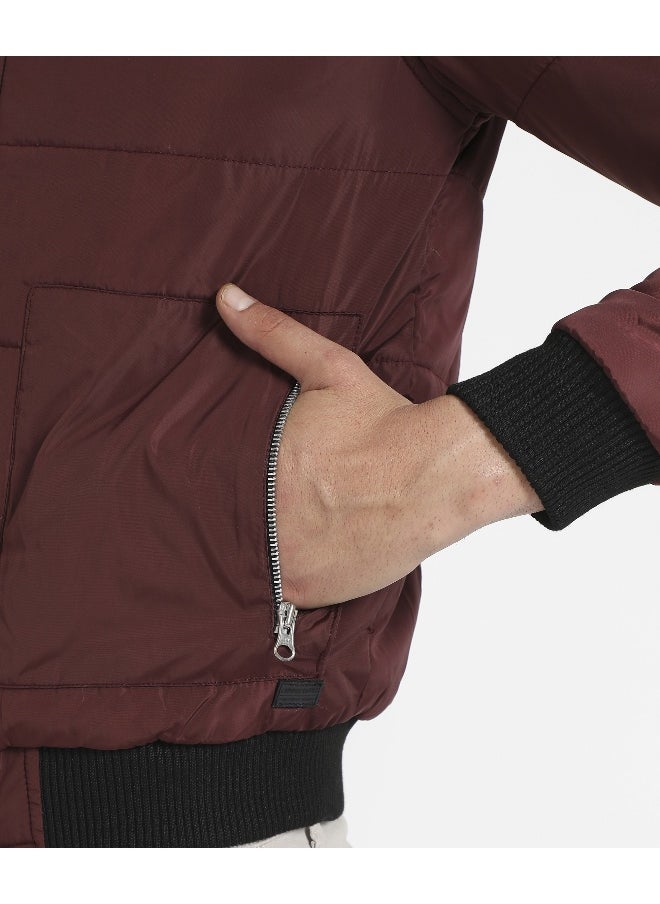 Men's Maroon Puffer Jacket With Contrast Hem