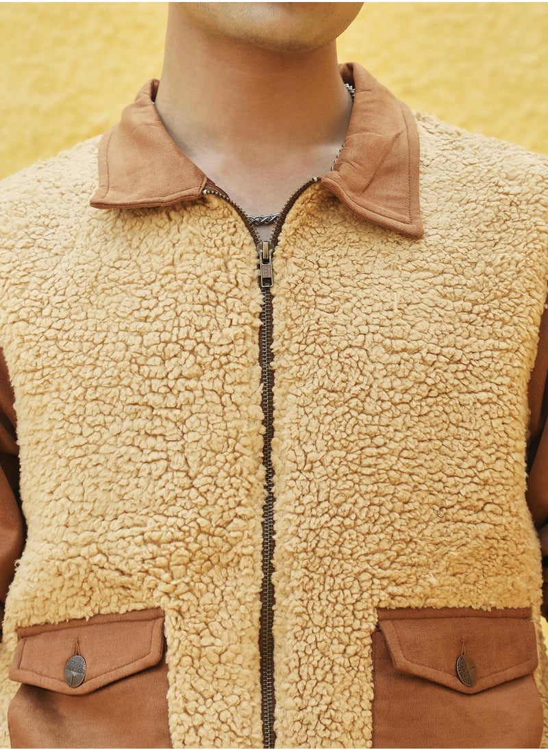 Men's Tan Brown Contrast Sherpa Jacket