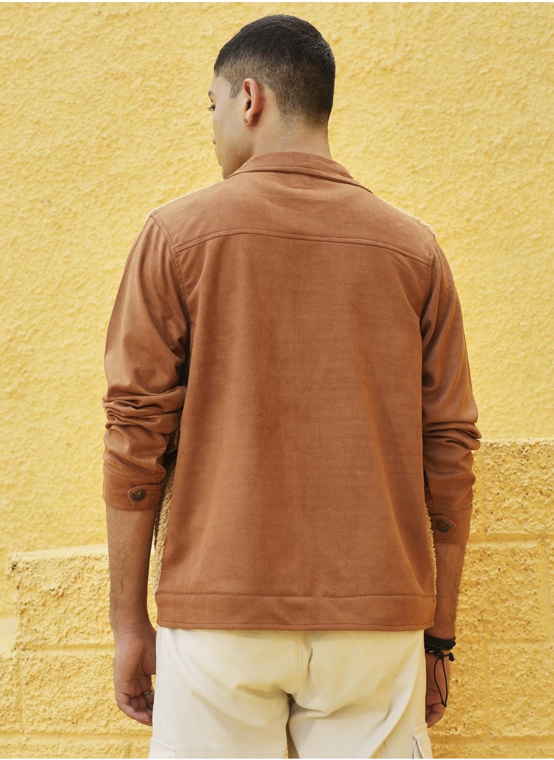 Men's Tan Brown Contrast Sherpa Jacket