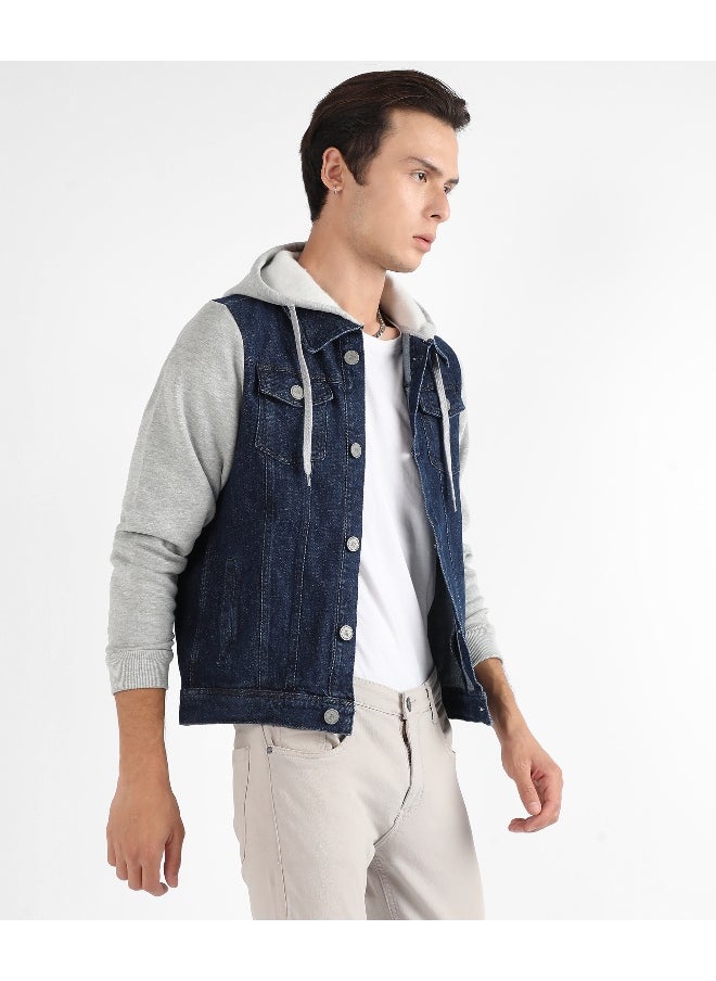 Men's Navy Blue & Light Grey Dark-Wash Denim Jacket With Sweatshirt Sleeve