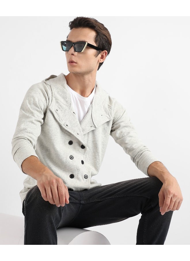 Men's Light Grey Double-Breasted Jacket With Hoodie