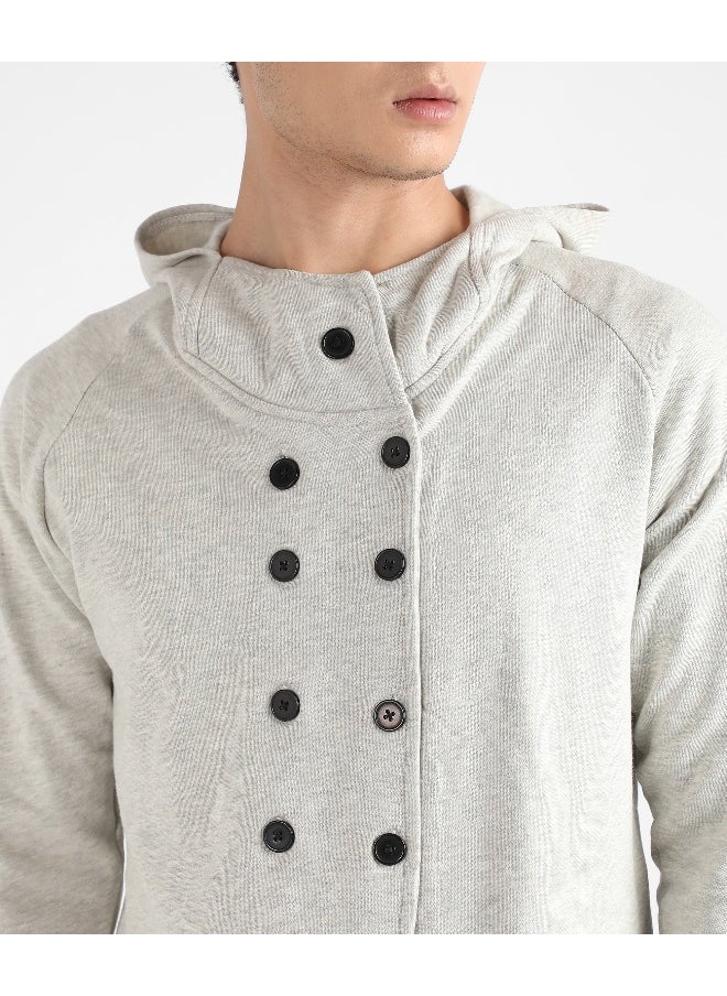 Men's Light Grey Double-Breasted Jacket With Hoodie