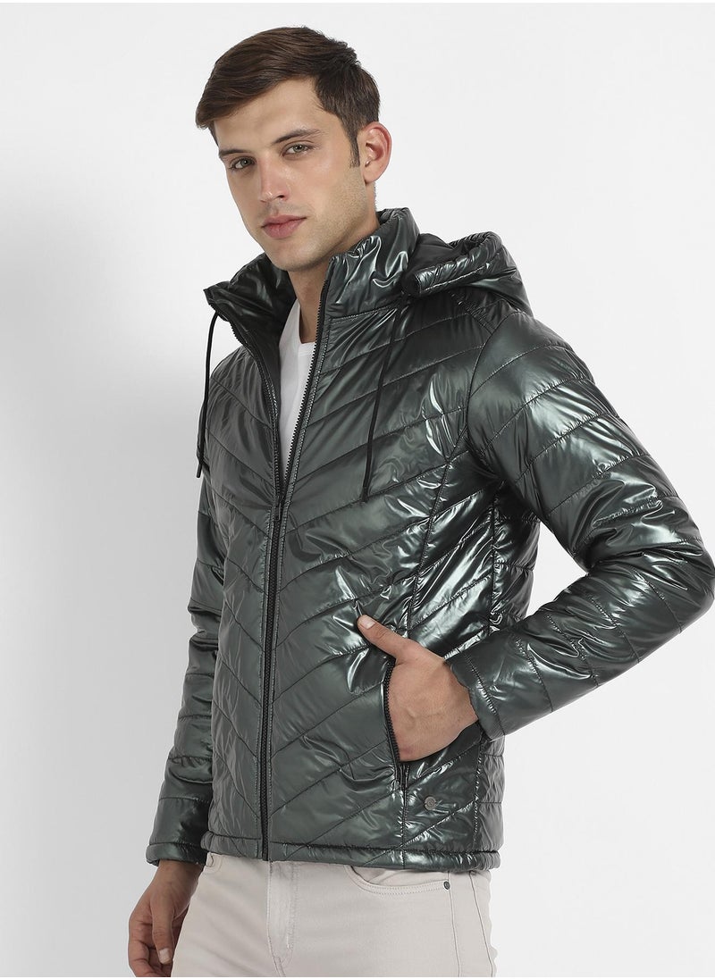 Men's Forest Green Zip-Front Quilted Puffer Jacket