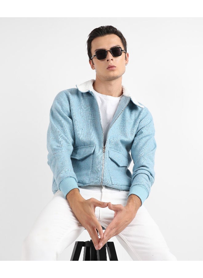 Men's Light Blue Zip-Front Jacket With Fleece Collar