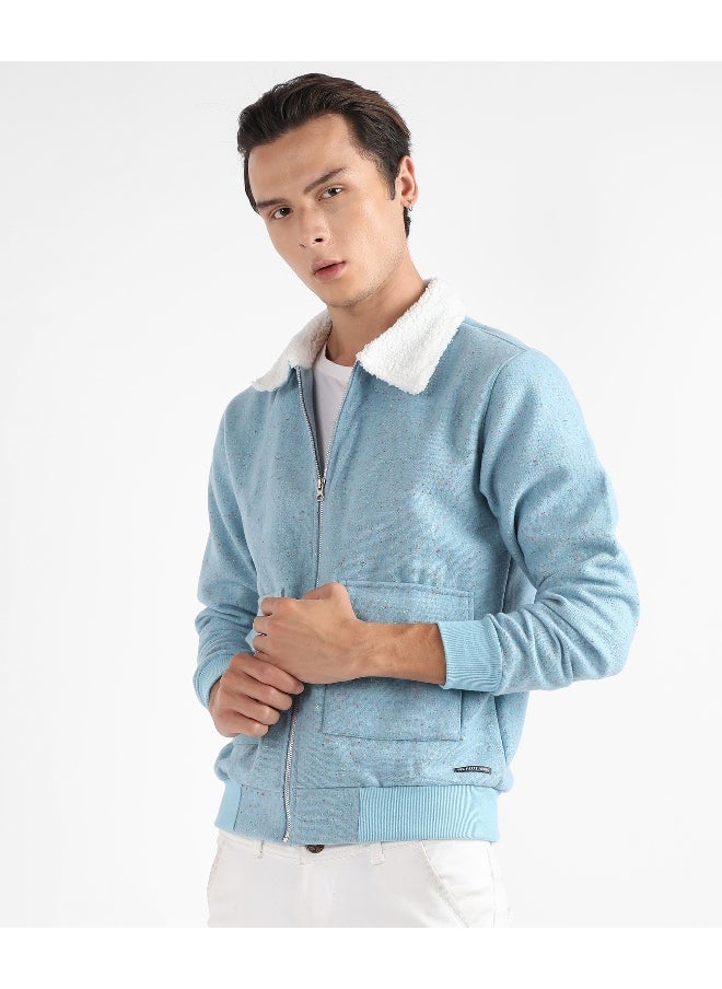 Men's Light Blue Zip-Front Jacket With Fleece Collar