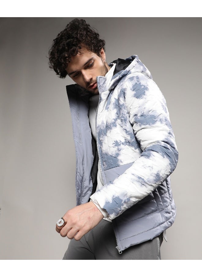 Men's White & Light Grey Tie-Dye Block Puffer Jacket