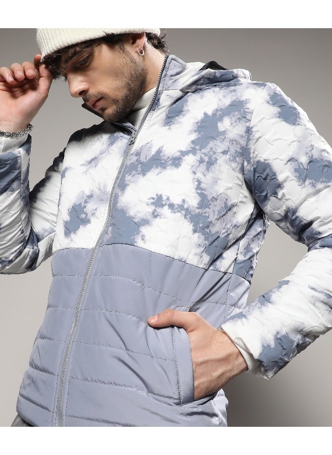 Men's White & Light Grey Tie-Dye Block Puffer Jacket