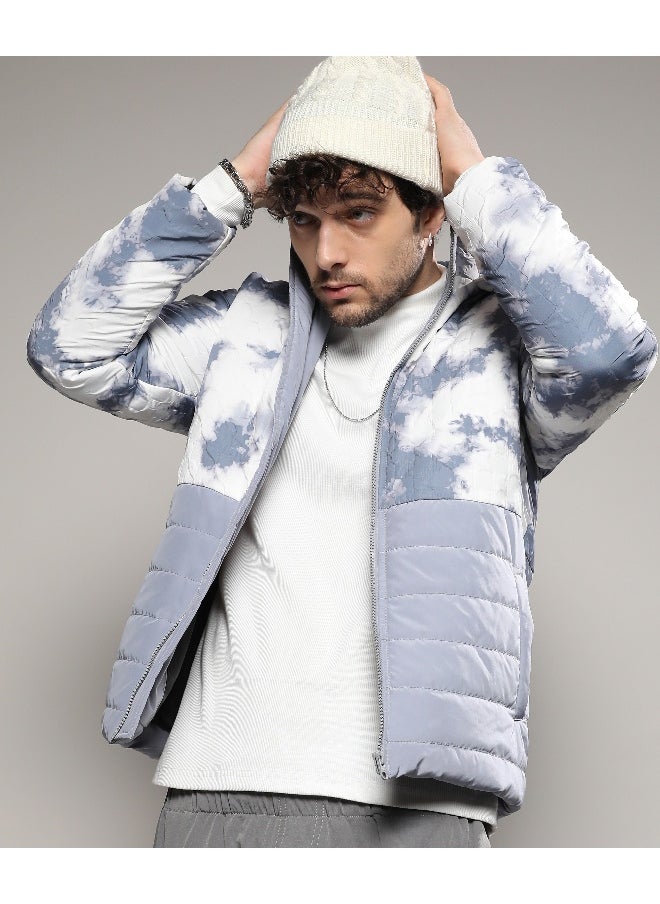 Men's White & Light Grey Tie-Dye Block Puffer Jacket